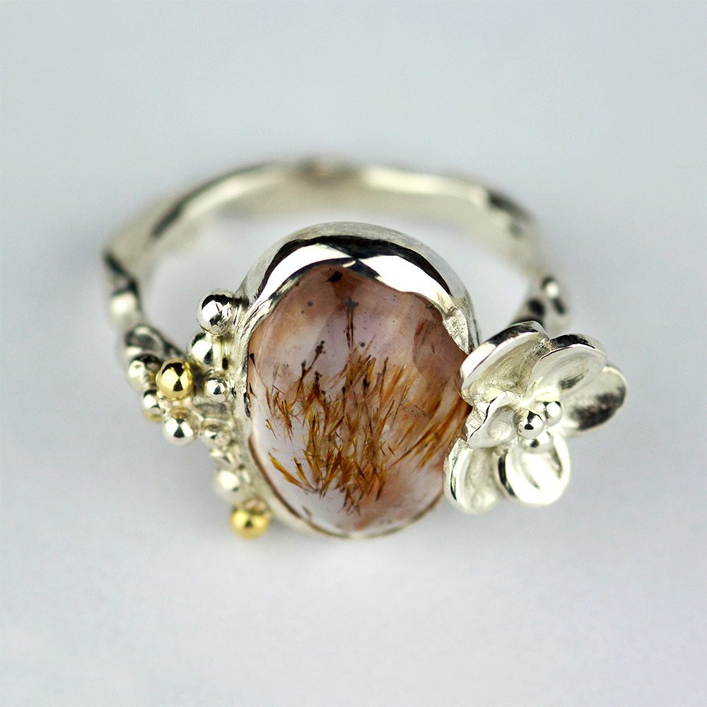 Baroque Ring with Cacoxenite and Flower