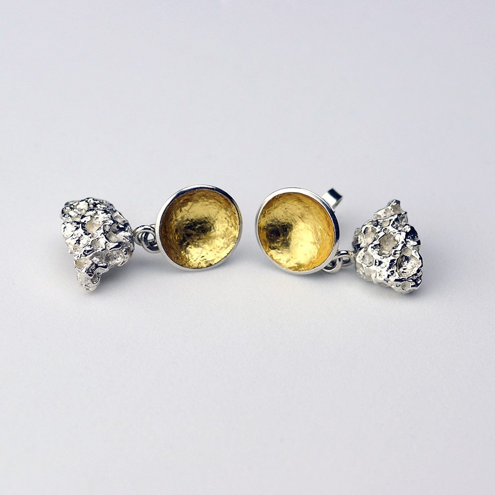 Dished Silver Earrings with Gold Leaf and Silver Seastones