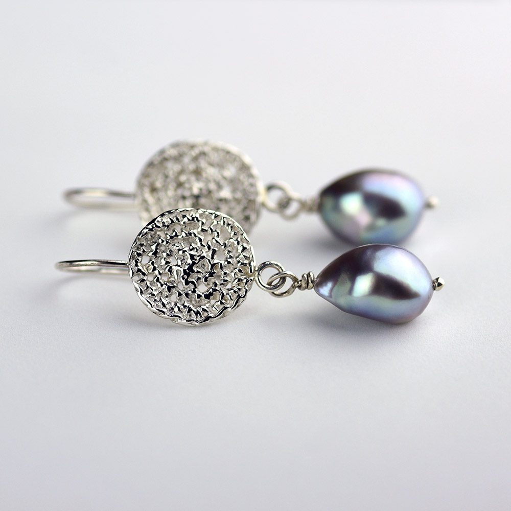 Entwined Silver Earrings with Grey Pearl