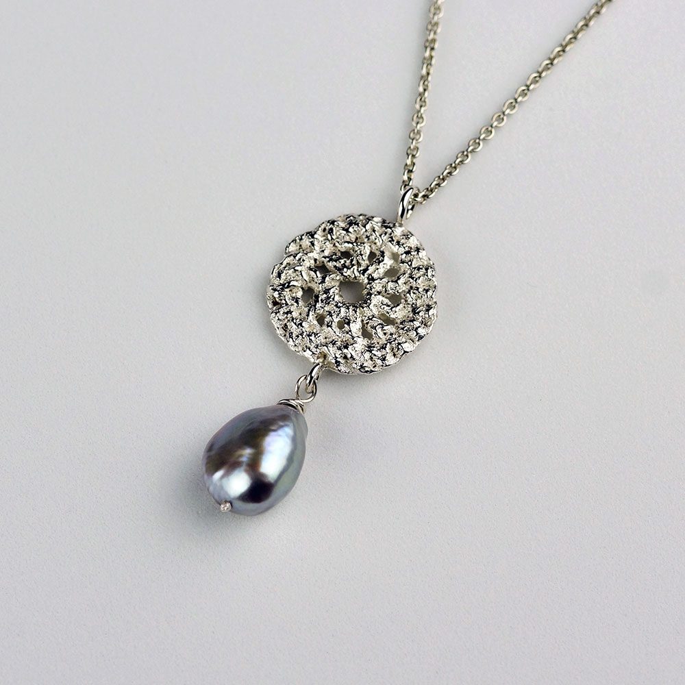 Entwined Silver Necklace with Grey Pearl