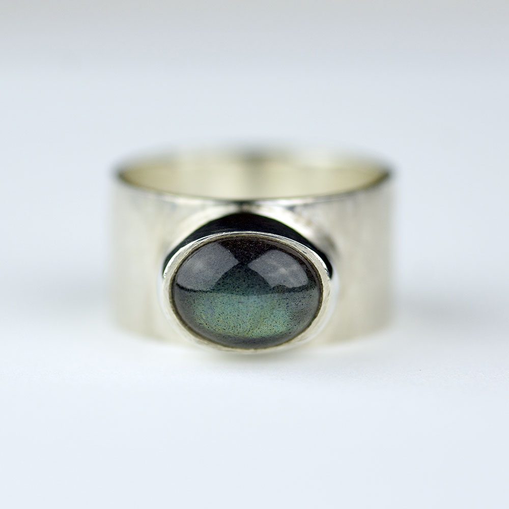 Modern Hammered Silver Ring with Labradorite